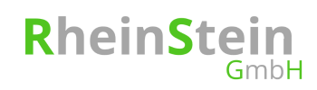 Logo der RheinStein GmbH, das den Schriftzug ‚RheinStein‘ in grüner und grauer Schrift zeigt, mit dem Zusatz ‚GmbH‘ in grüner Farbe